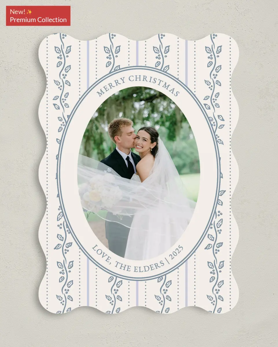 This is a 5" x 7" Christmas Card called Petal and Pine printed in full color with Gold foil on Premium Smooth paper