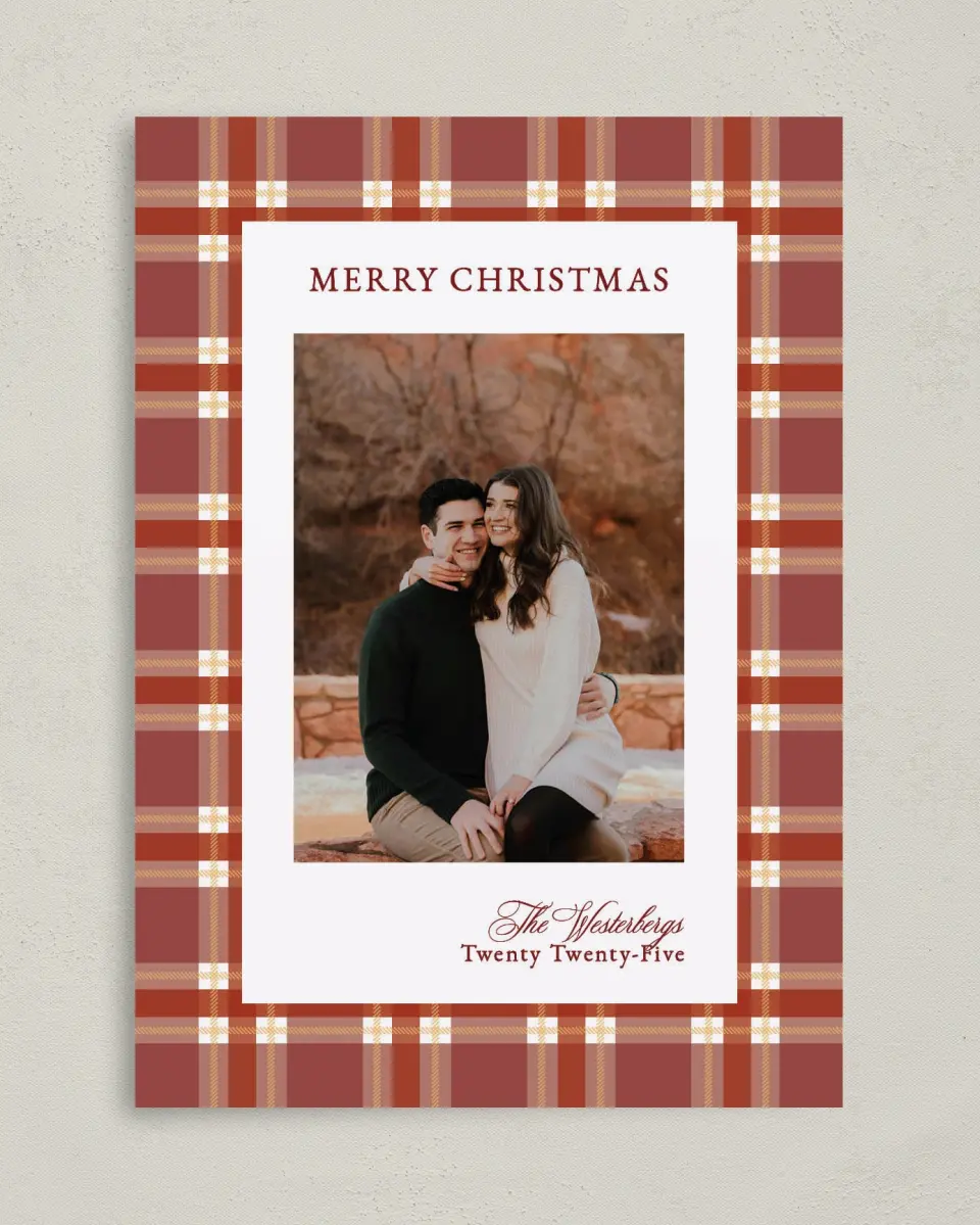 This is a 5" x 7" Christmas Card called Plaid Tidings printed in full color on Premium Smooth paper