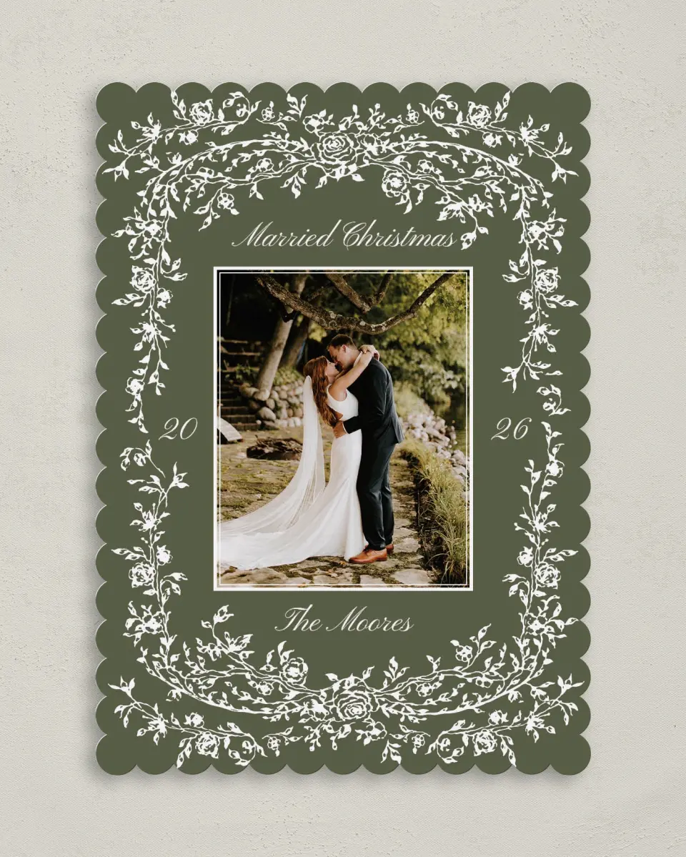 This is a 5" x 7" Christmas Card called Wedded Wishes printed in full color on Premium Smooth paper on Premium Smooth paper on Premium Smooth paper