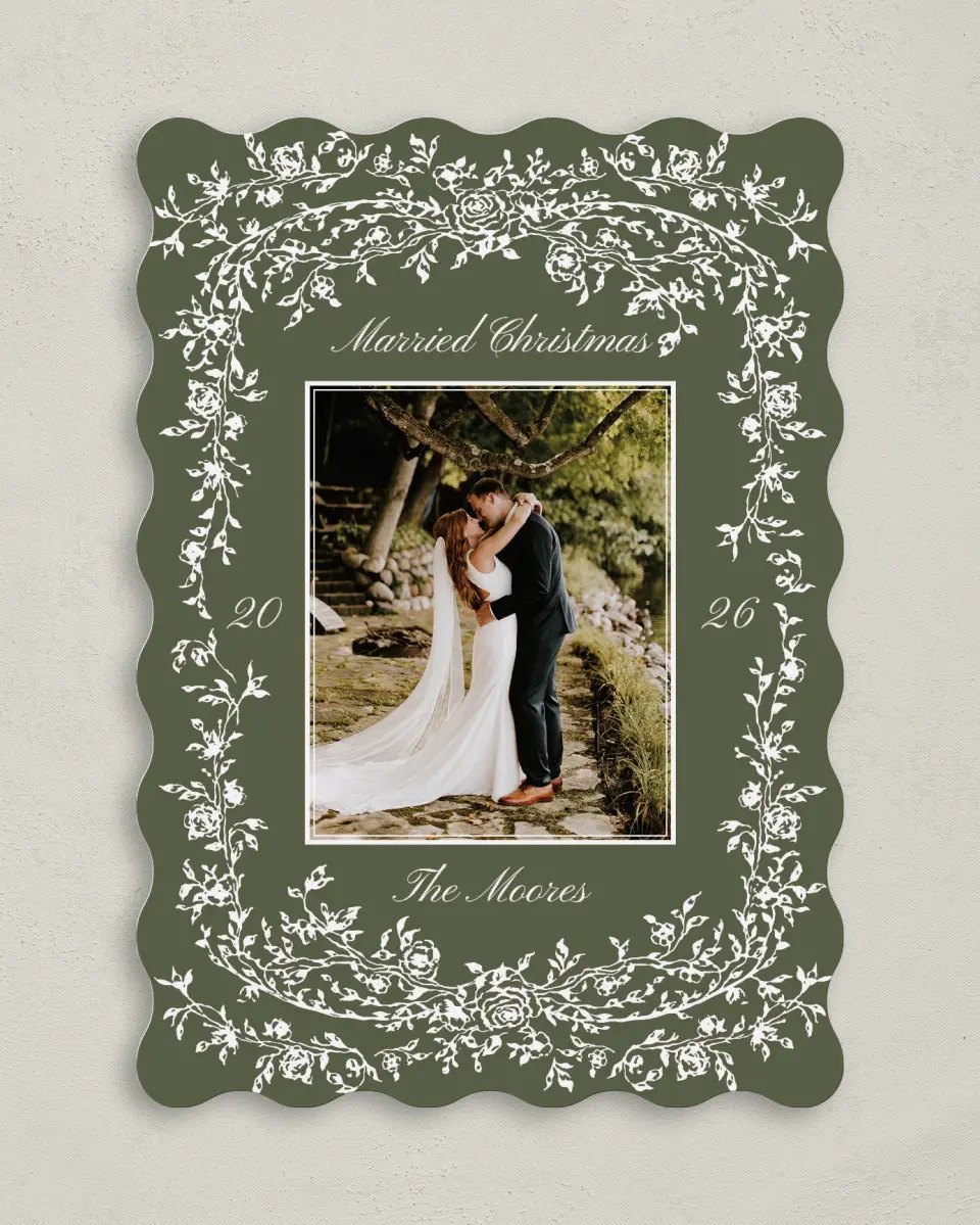 This is a 5" x 7" Christmas Card called Wedded Wishes printed in full color on Premium Smooth paper