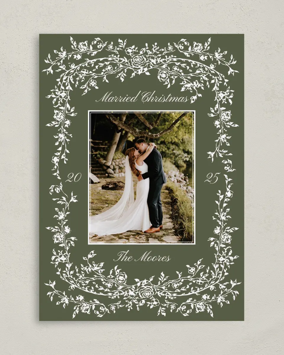 This is a 5" x 7" Christmas Card called Wedded Wishes printed in full color on Premium Smooth paper