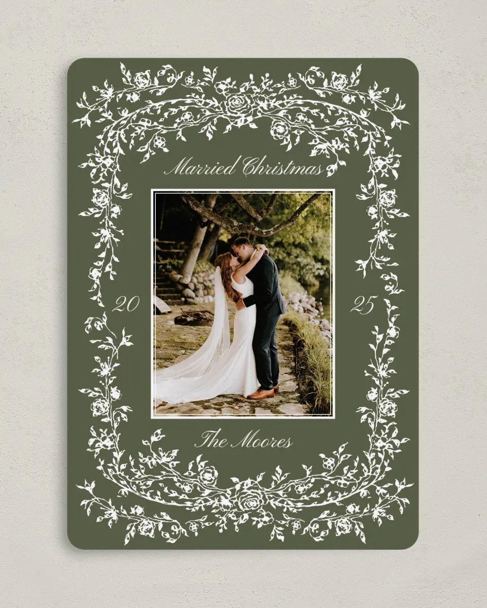 This is a 5" x 7" Christmas Card called Wedded Wishes printed in full color on Premium Smooth paper