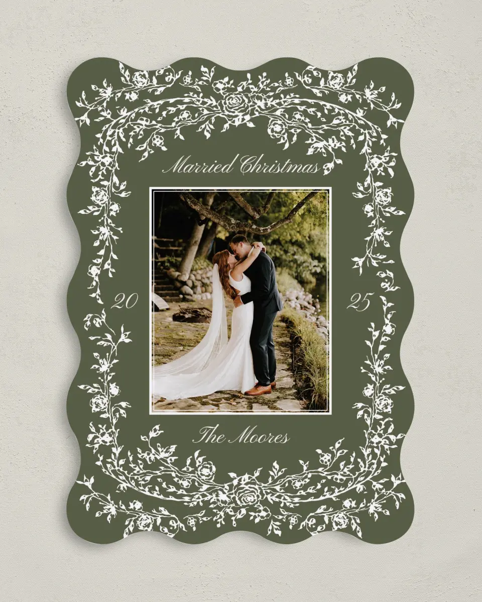 This is a 5" x 7" Christmas Card called Wedded Wishes printed in full color on Premium Smooth paper