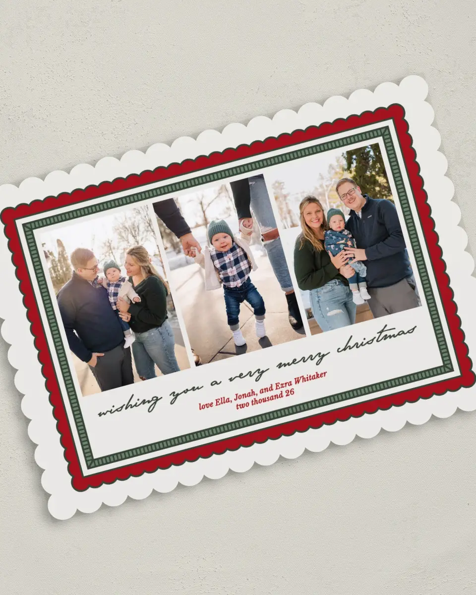 This is a 5" x 7" Christmas Card called Framed Festivities printed in full color on Premium Smooth paper on Premium Smooth paper on Premium Smooth paper