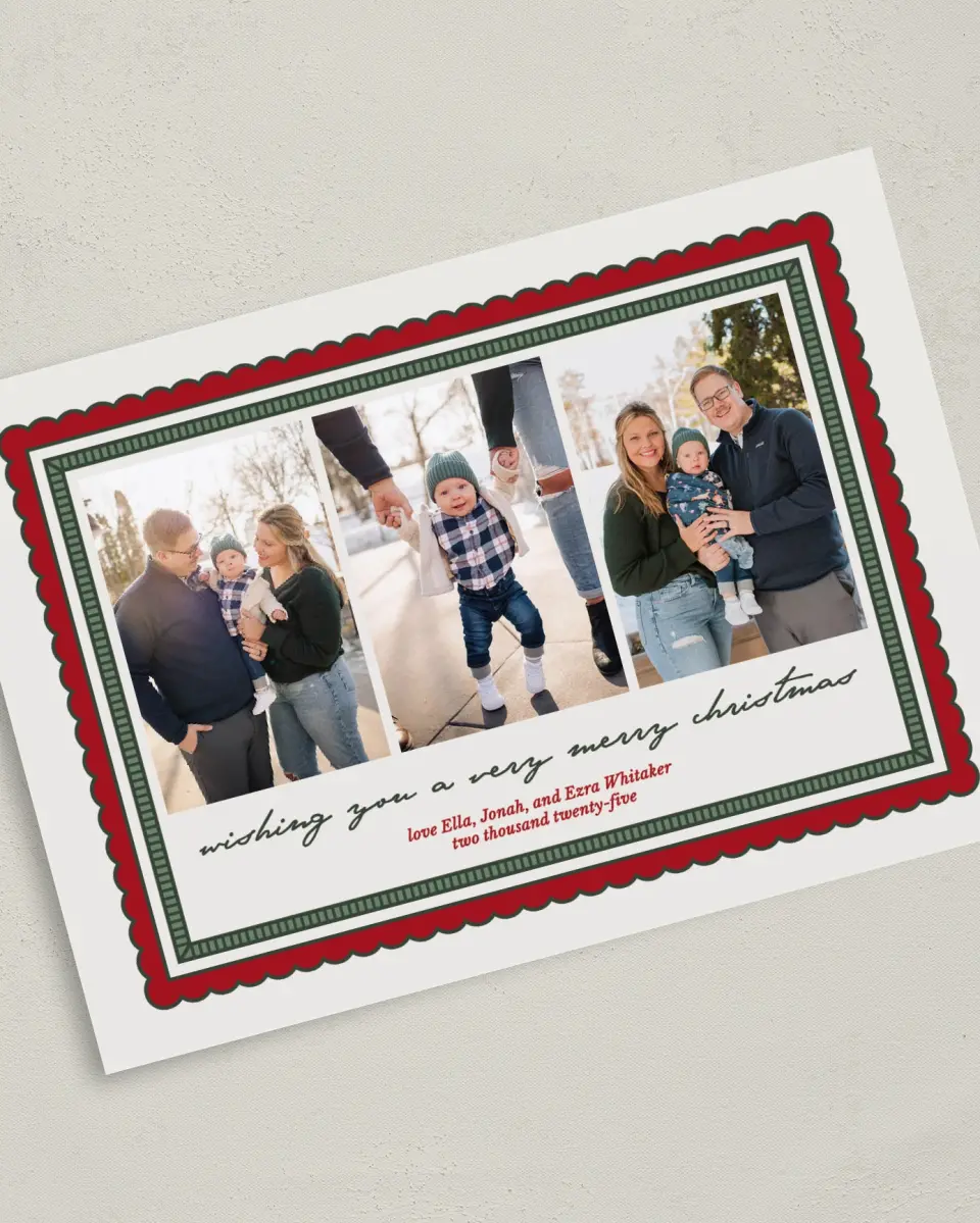 This is a 5" x 7" Christmas Card called Framed Festivities printed in full color on Premium Smooth paper