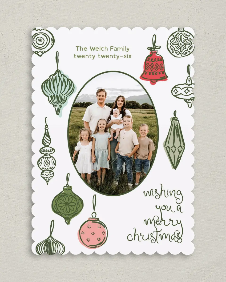 This is a 5" x 7" Christmas Card called Baubled Boughs printed in full color with Gold foil on Premium Smooth paper on Premium Smooth paper on Premium Smooth paper
