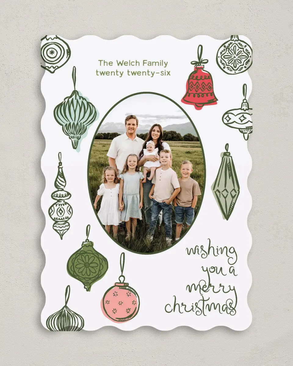 This is a 5" x 7" Christmas Card called Baubled Boughs printed in full color with Gold foil on Premium Smooth paper