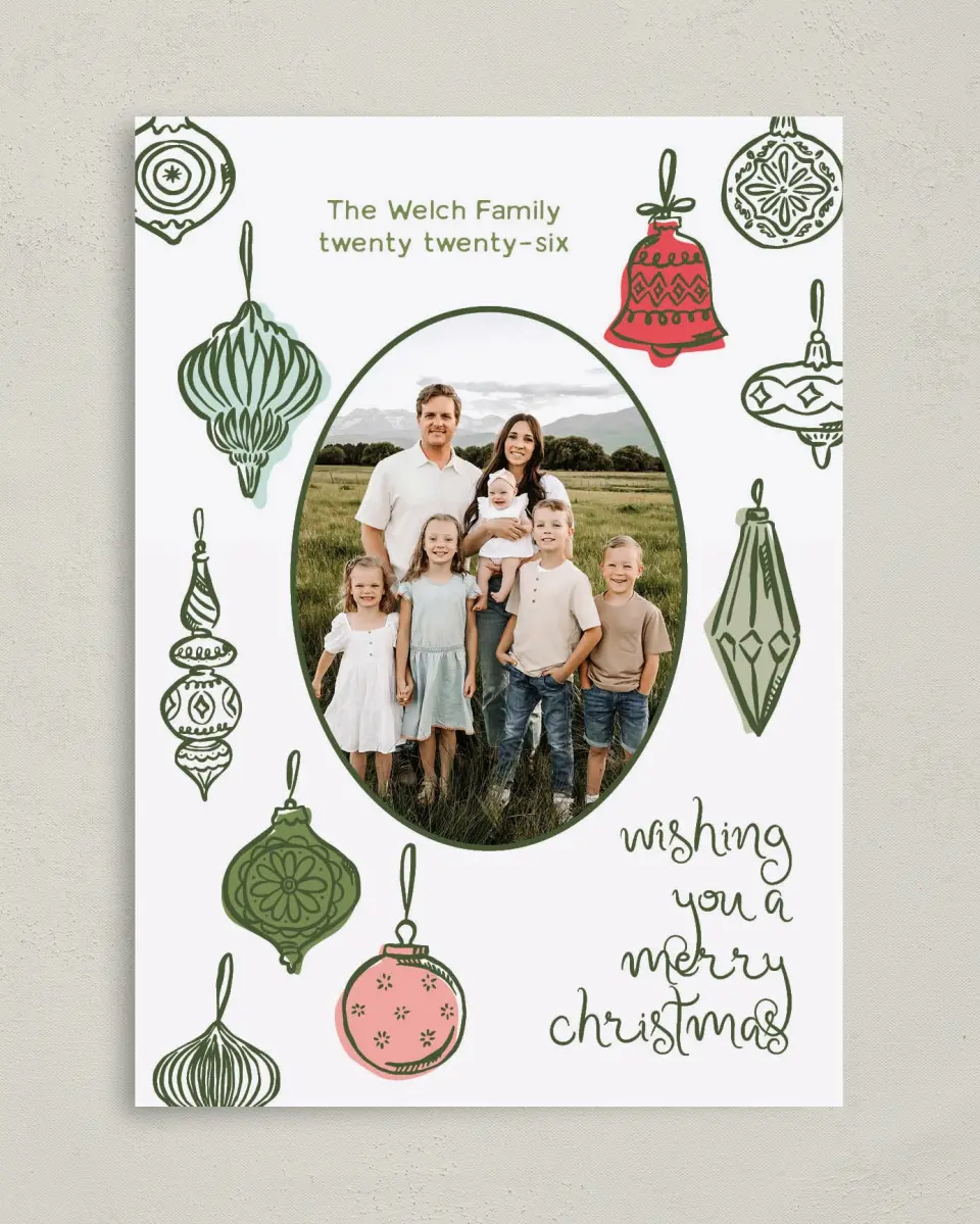 This is a 5" x 7" Christmas Card called Baubled Boughs printed in full color with Gold foil on Premium Smooth paper
