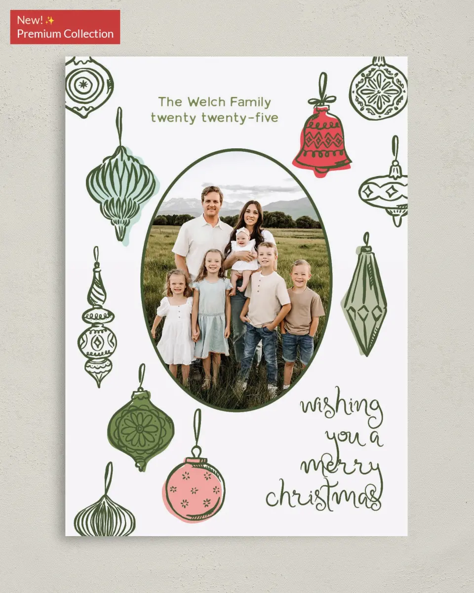 This is a 5" x 7" Christmas Card called Baubled Boughs printed in full color with Gold foil on Premium Smooth paper