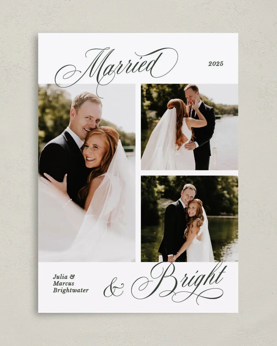 This is a 5" x 7" Christmas Card called Married and Bright printed in full color on Premium Smooth paper