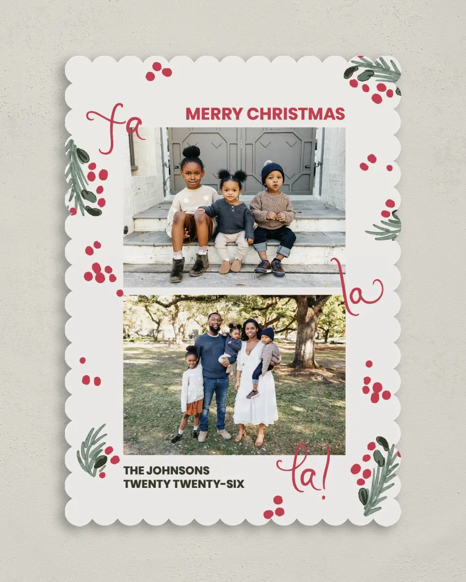 This is a 5" x 7" Christmas Card called Fa La Fun printed in full color on Premium Smooth paper on Premium Smooth paper on Premium Smooth paper