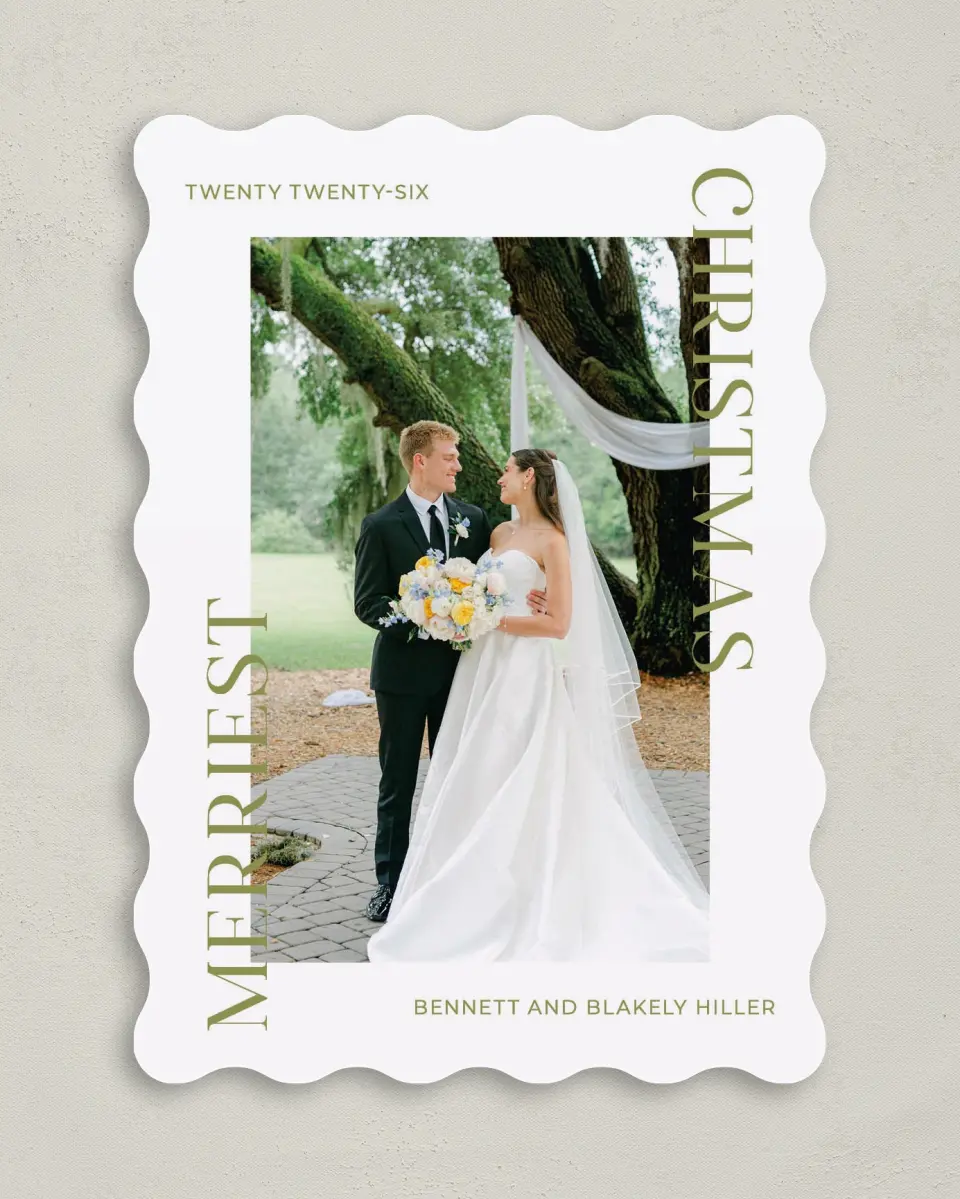 This is a 5" x 7" Christmas Card called Our Merriest Christmas printed in full color on Premium Smooth paper