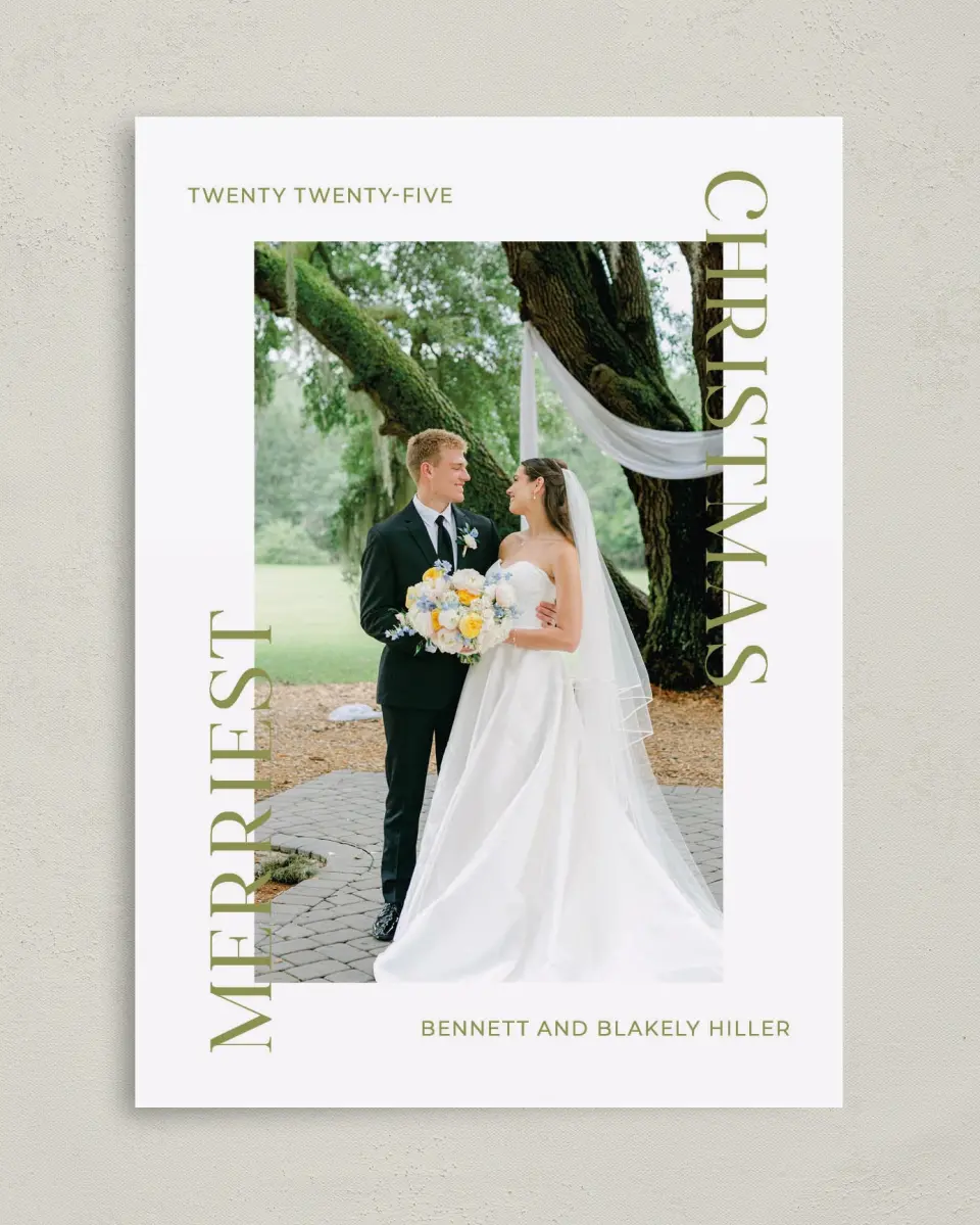 This is a 5" x 7" Christmas Card called Our Merriest Christmas printed in full color on Premium Smooth paper