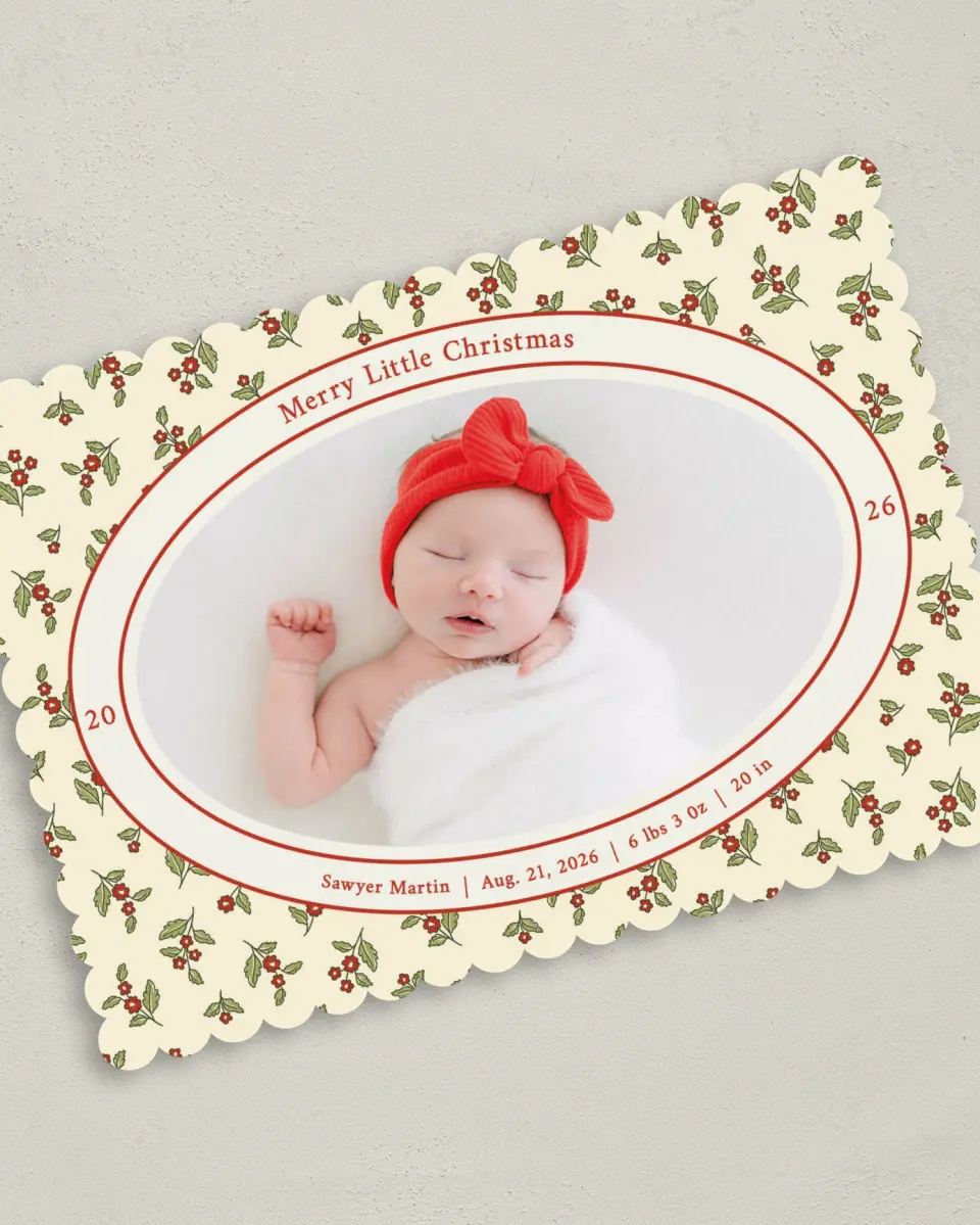 This is a 5" x 7" Christmas Card called First Christmas printed in full color with Gold foil on Premium Smooth paper on Premium Smooth paper on Premium Smooth paper