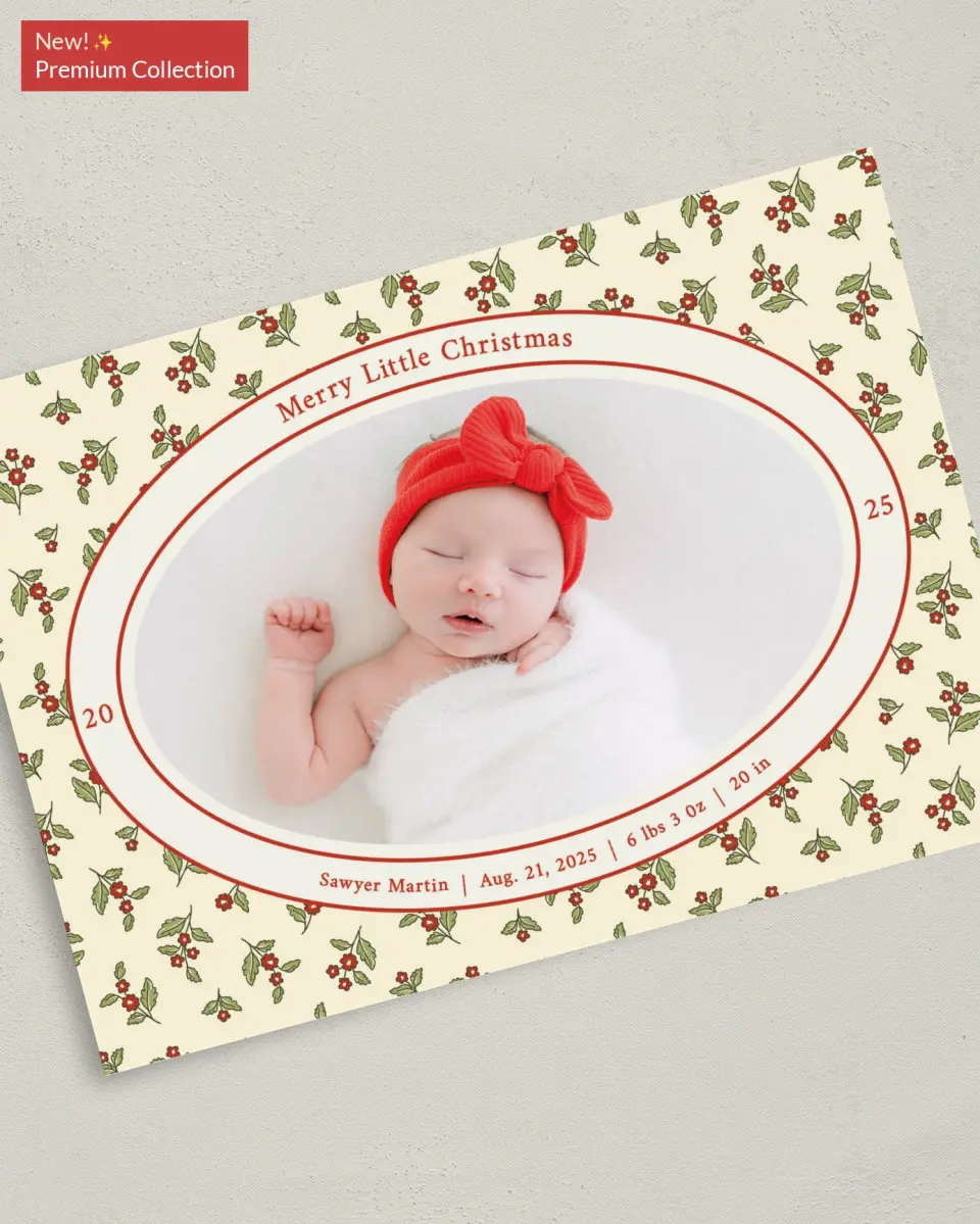 This is a 5" x 7" Christmas Card called First Christmas printed in full color with Gold foil on Premium Smooth paper