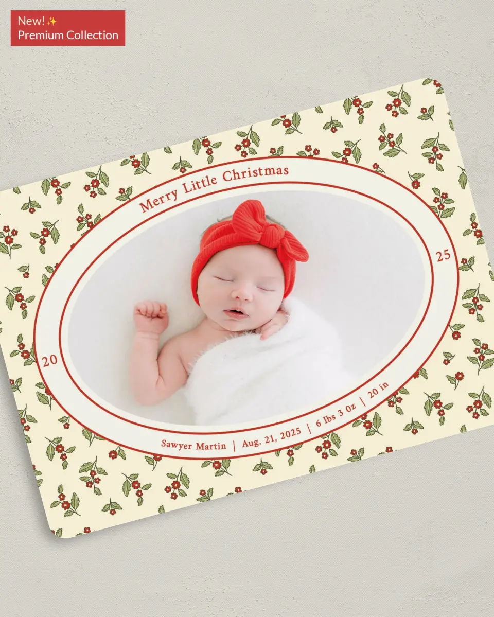 This is a 5" x 7" Christmas Card called First Christmas printed in full color with Gold foil on Premium Smooth paper