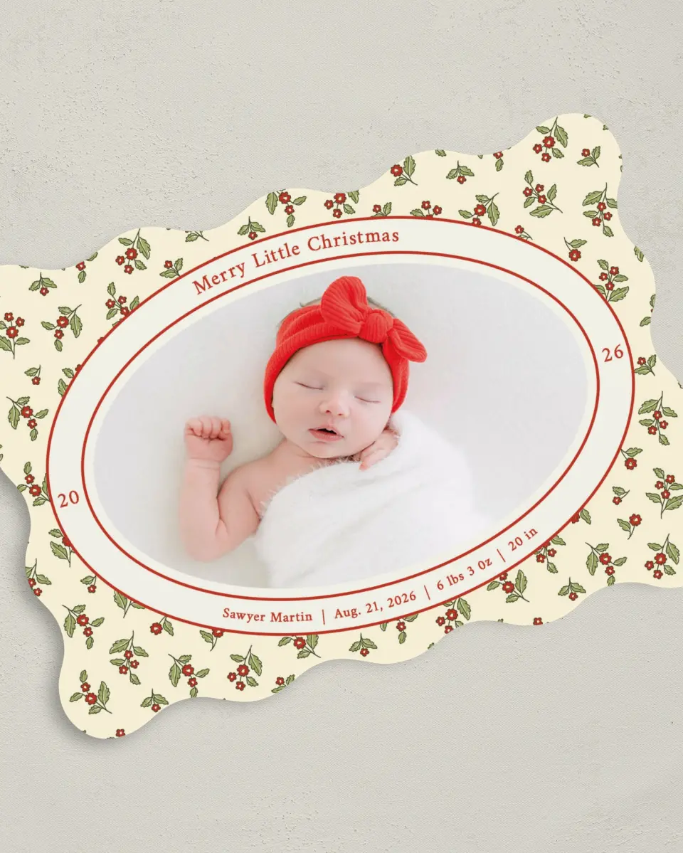 This is a 5" x 7" Christmas Card called First Christmas printed in full color with Gold foil on Premium Smooth paper