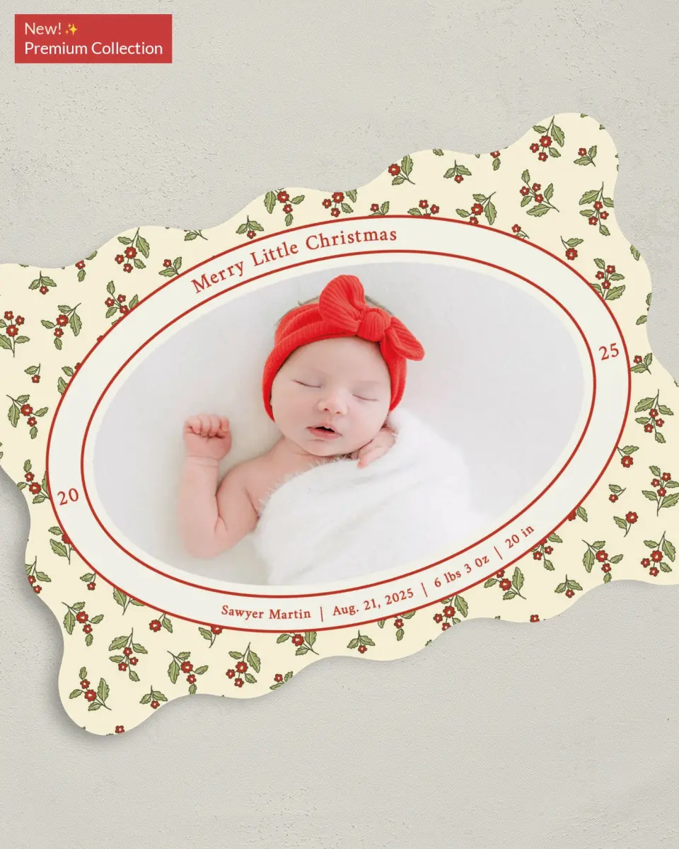 This is a 5" x 7" Christmas Card called First Christmas printed in full color with Rose Gold foil on Soft Suede (coated) paper