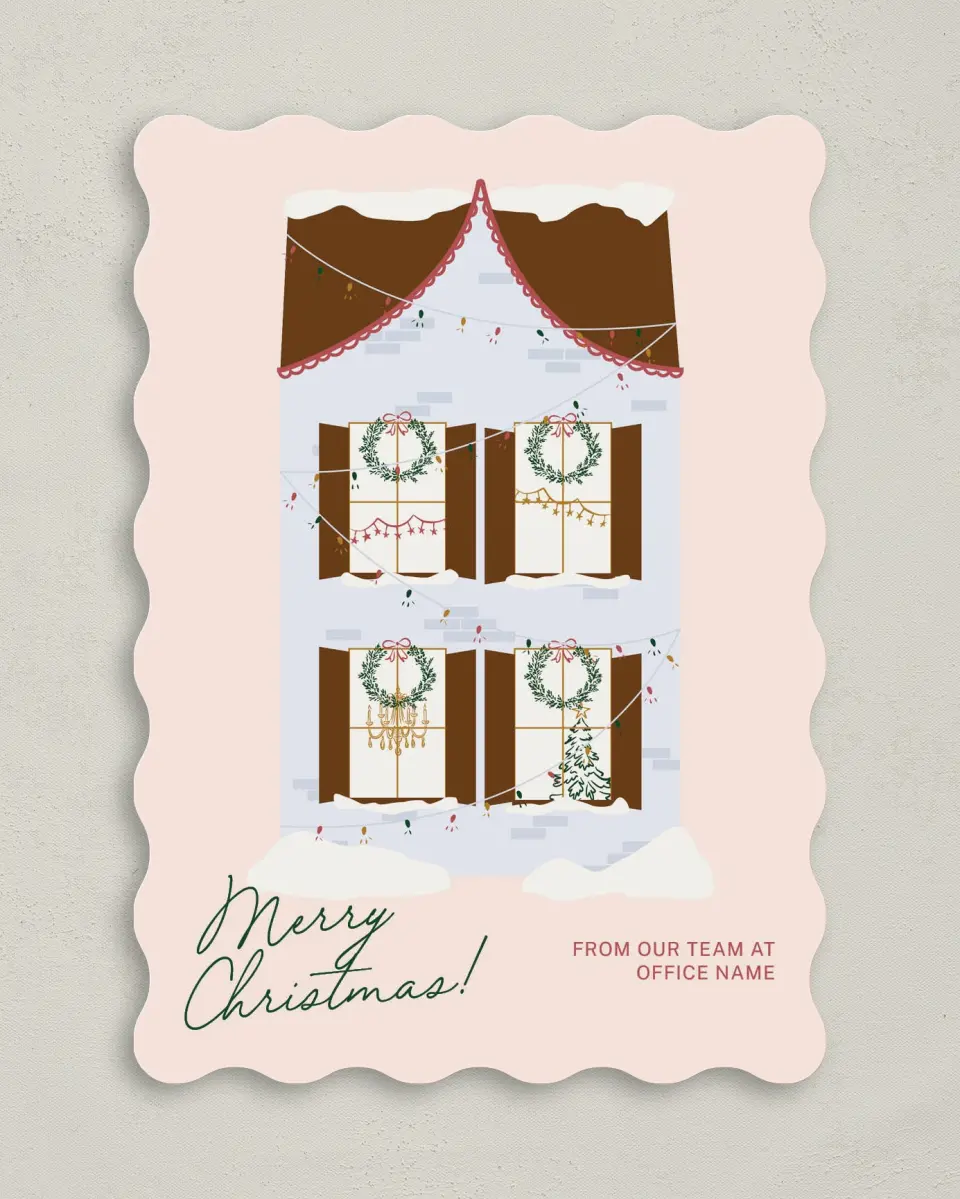 This is a 5" x 7" Christmas Card called Holiday Home printed in full color with Rose Gold foil on Soft Suede (coated) paper