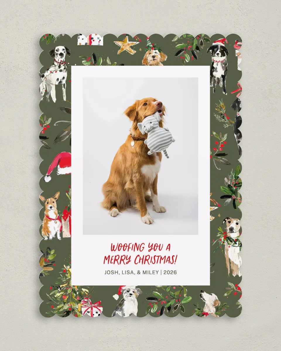 This is a 5" x 7" Christmas Card called Woofing You Christmas printed in full color on Premium Smooth paper on Premium Smooth paper on Premium Smooth paper