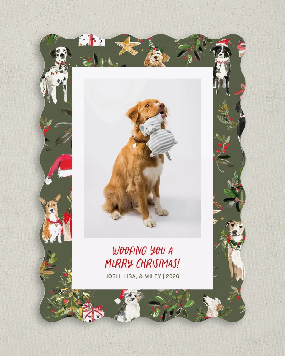 This is a 5" x 7" Christmas Card called Woofing You Christmas printed in full color on Premium Smooth paper