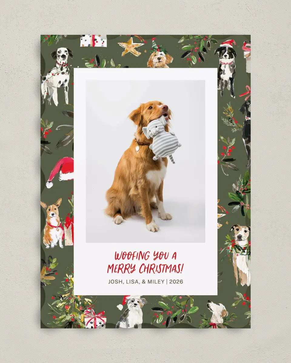 This is a 5" x 7" Christmas Card called Woofing You Christmas printed in full color on Premium Smooth paper