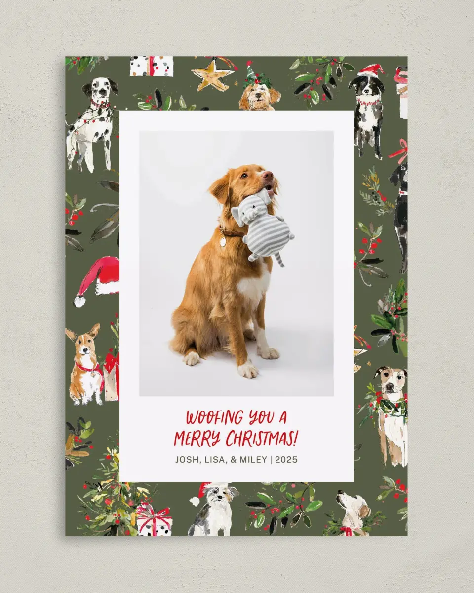 This is a 5" x 7" Christmas Card called Woofing You Christmas printed in full color on Premium Smooth paper