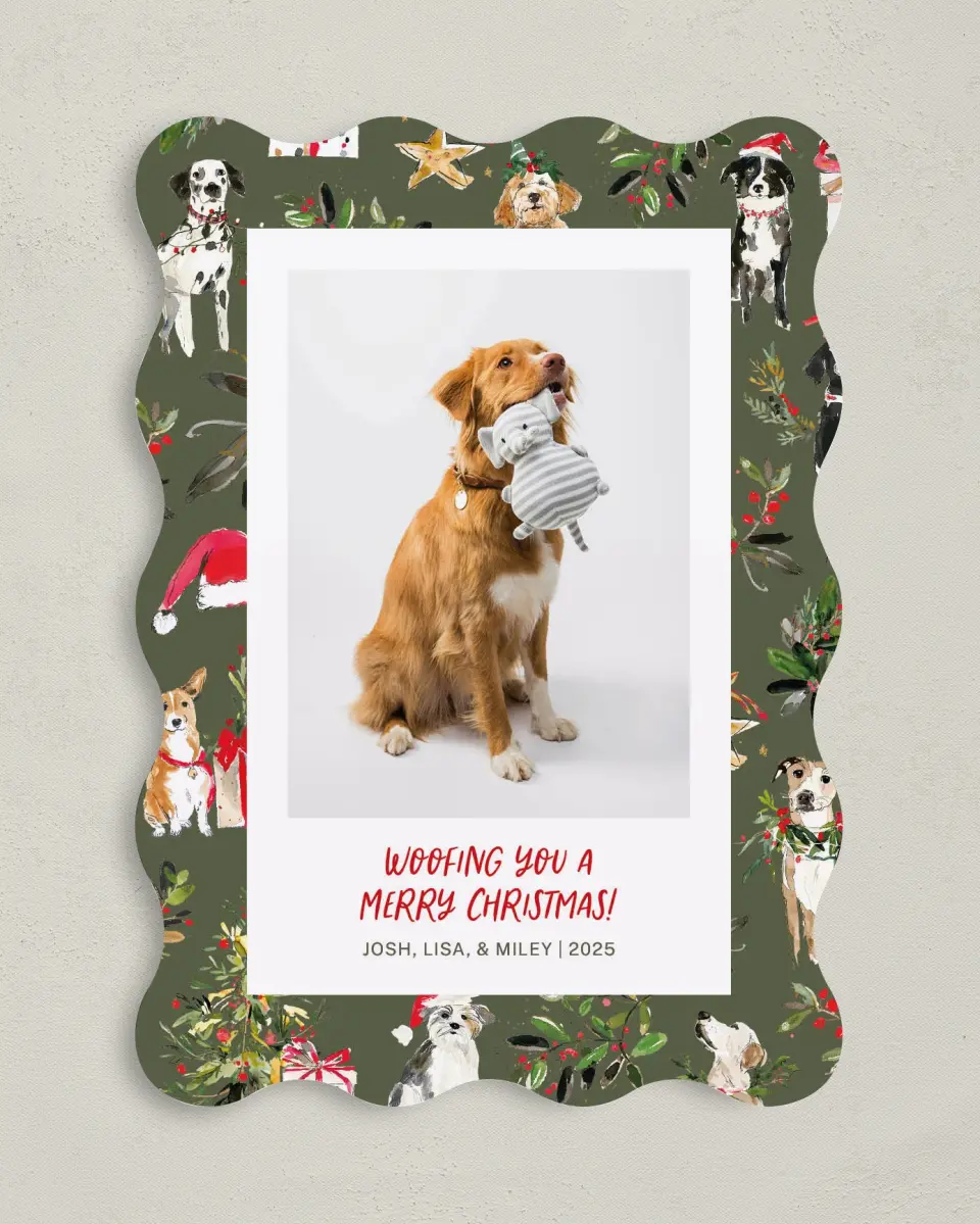 This is a 5" x 7" Christmas Card called Woofing You Christmas printed in full color on Premium Smooth paper