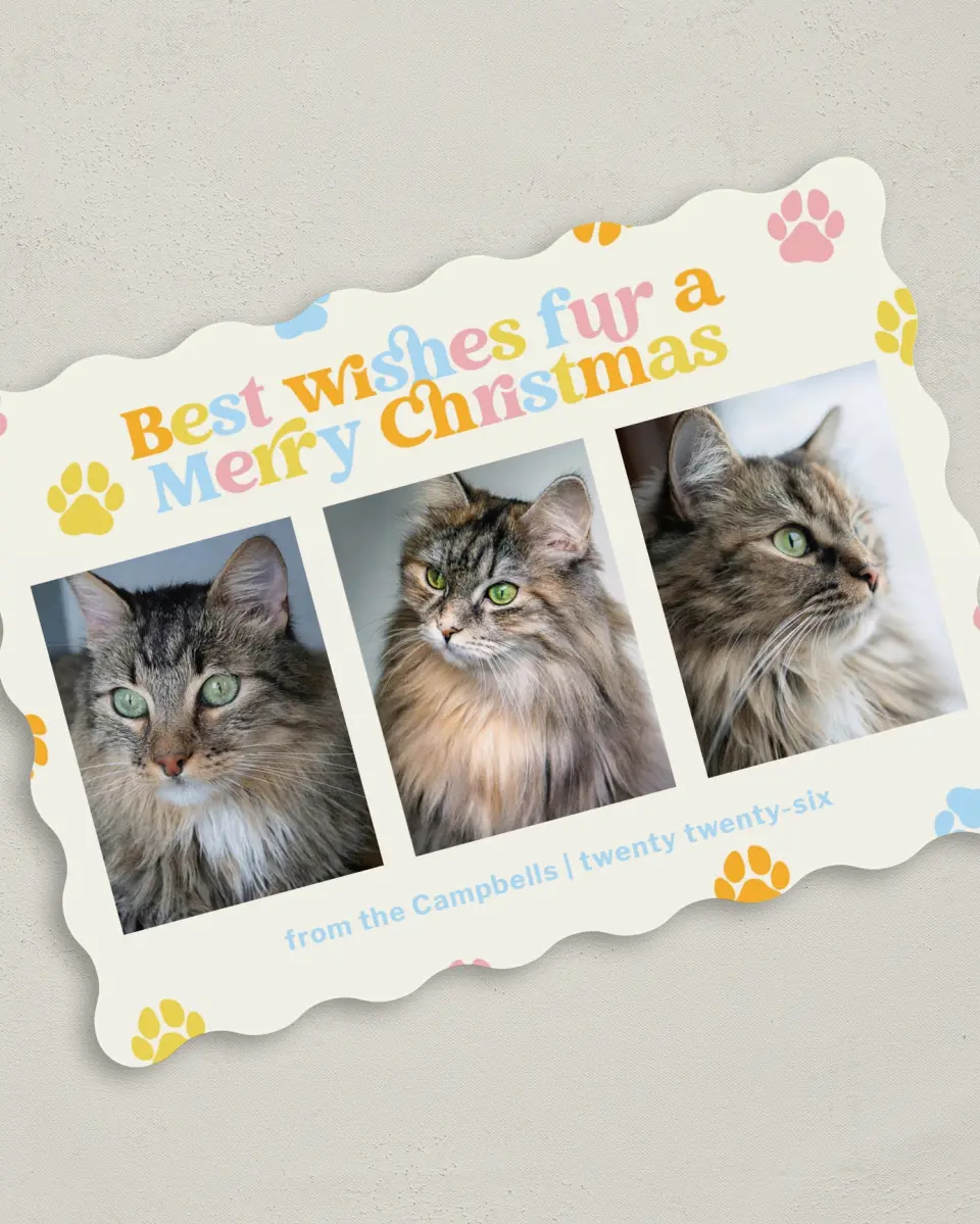 This is a 5" x 7" Christmas Card called Paws and Peace printed in full color with Rose Gold foil on Soft Suede (coated) paper