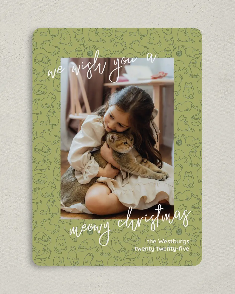 This is a 5" x 7" Christmas Card called Meowy Christmas printed in full color with Gold foil on Soft Suede (coated) paper
