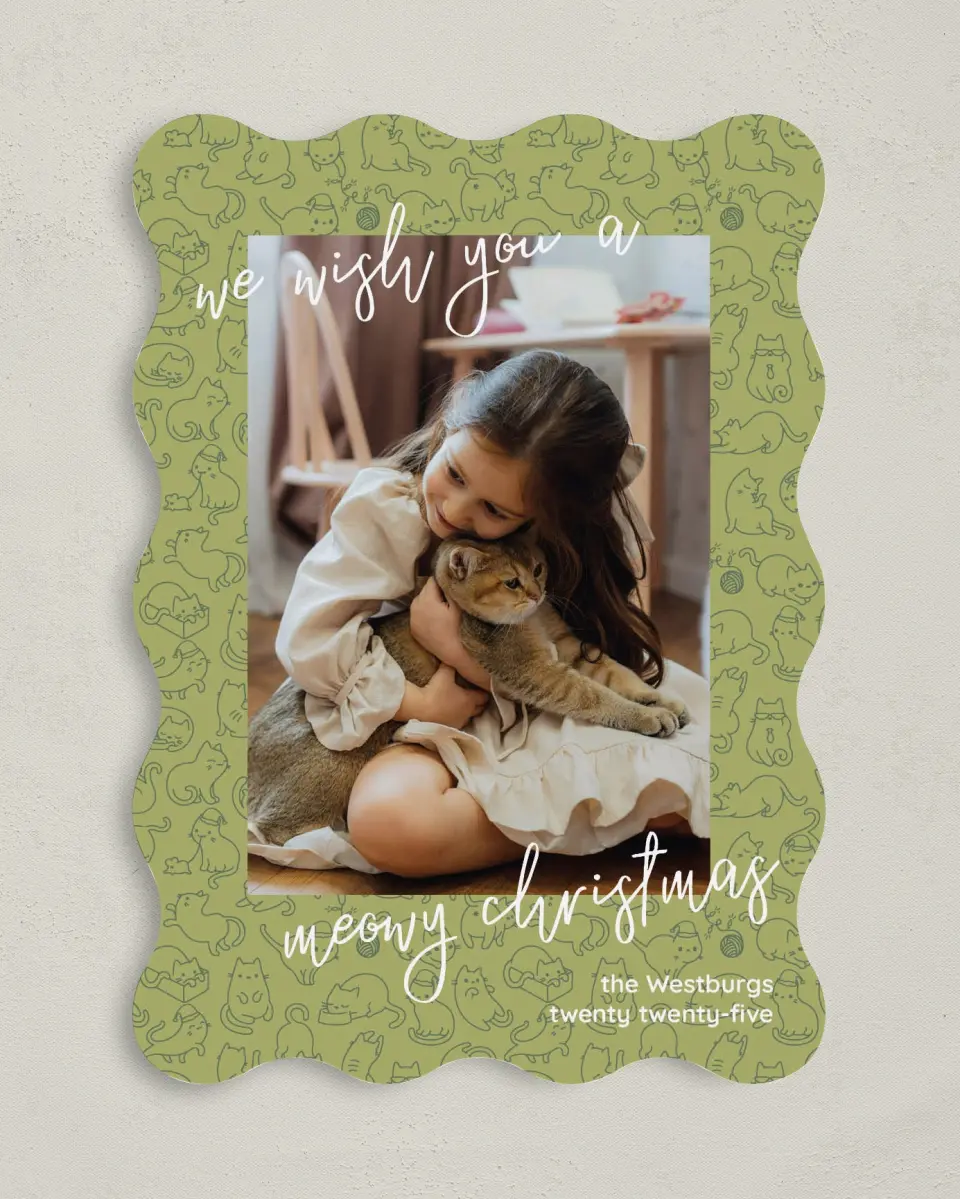 This is a 5" x 7" Christmas Card called Meowy Christmas printed in full color on Premium Smooth paper