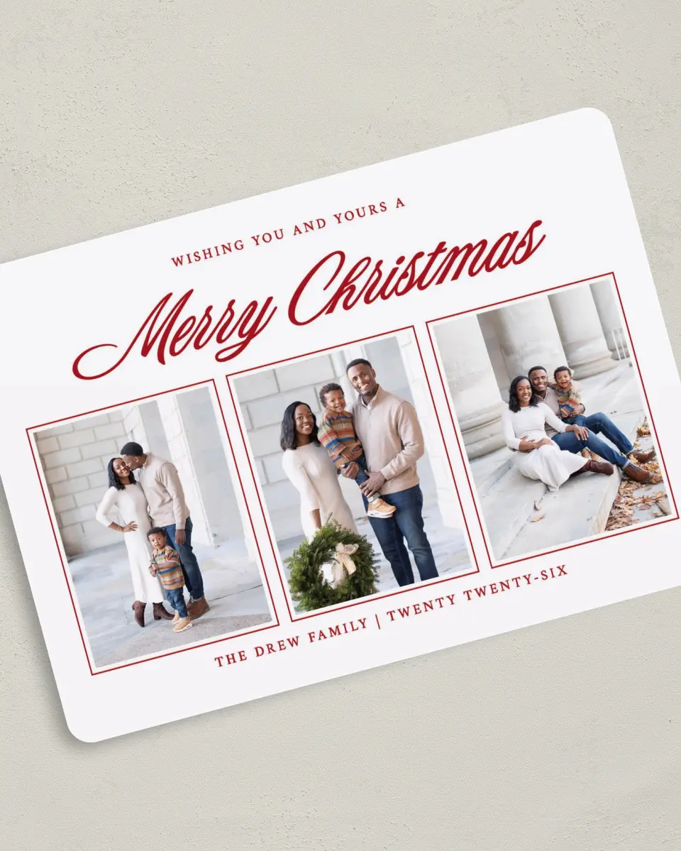 This is a 5" x 7" Christmas Card called Merry and Minimal printed in full color with Gold foil on Premium Smooth paper