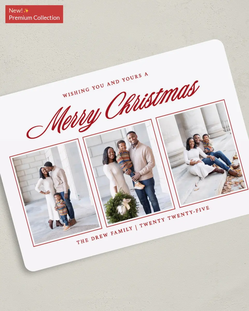 This is a 5" x 7" Christmas Card called Merry and Minimal printed in full color with Gold foil on Premium Smooth paper