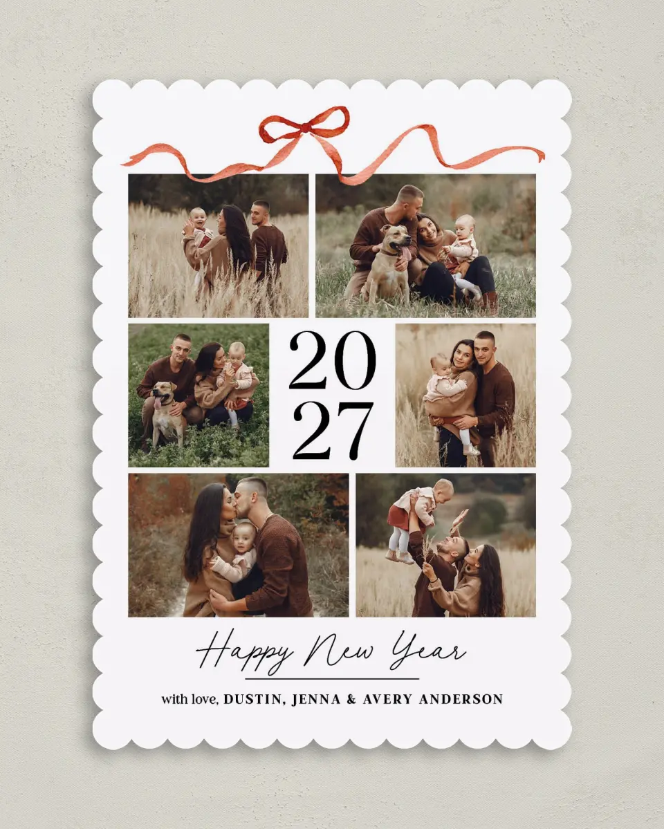 This is a 5" x 7" Christmas Card called Topped With a Bow printed in full color with Gold foil on Premium Smooth paper on Premium Smooth paper on Premium Smooth paper