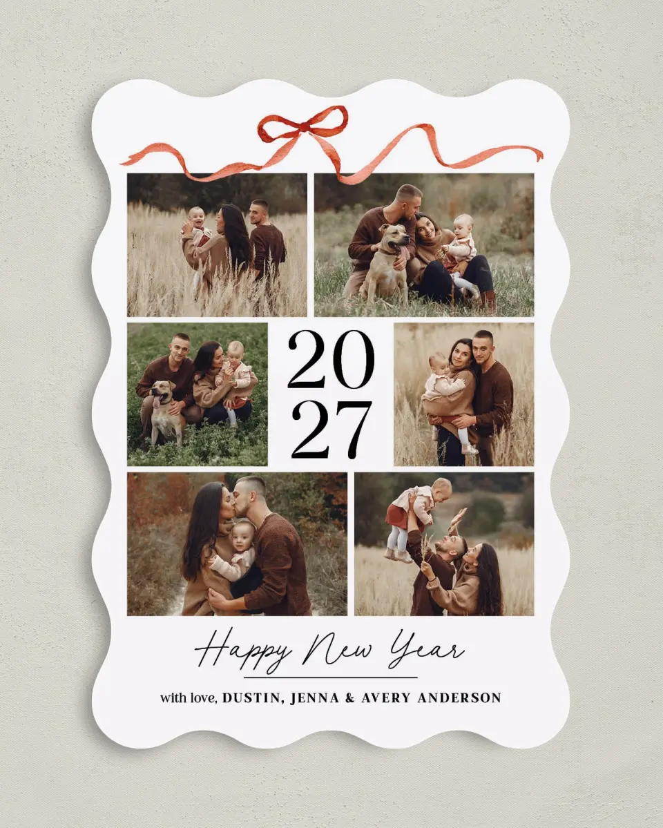 This is a 5" x 7" Christmas Card called Topped With a Bow printed in full color with Gold foil on Soft Suede (coated) paper