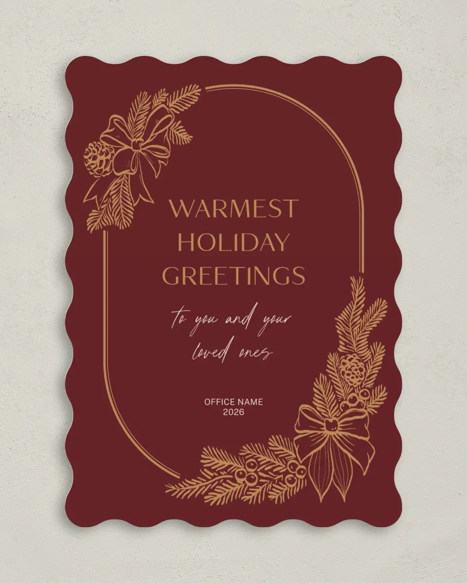 This is a 5" x 7" Christmas Card called Warm Greetings printed in full color with Rose Gold foil on Soft Suede (coated) paper