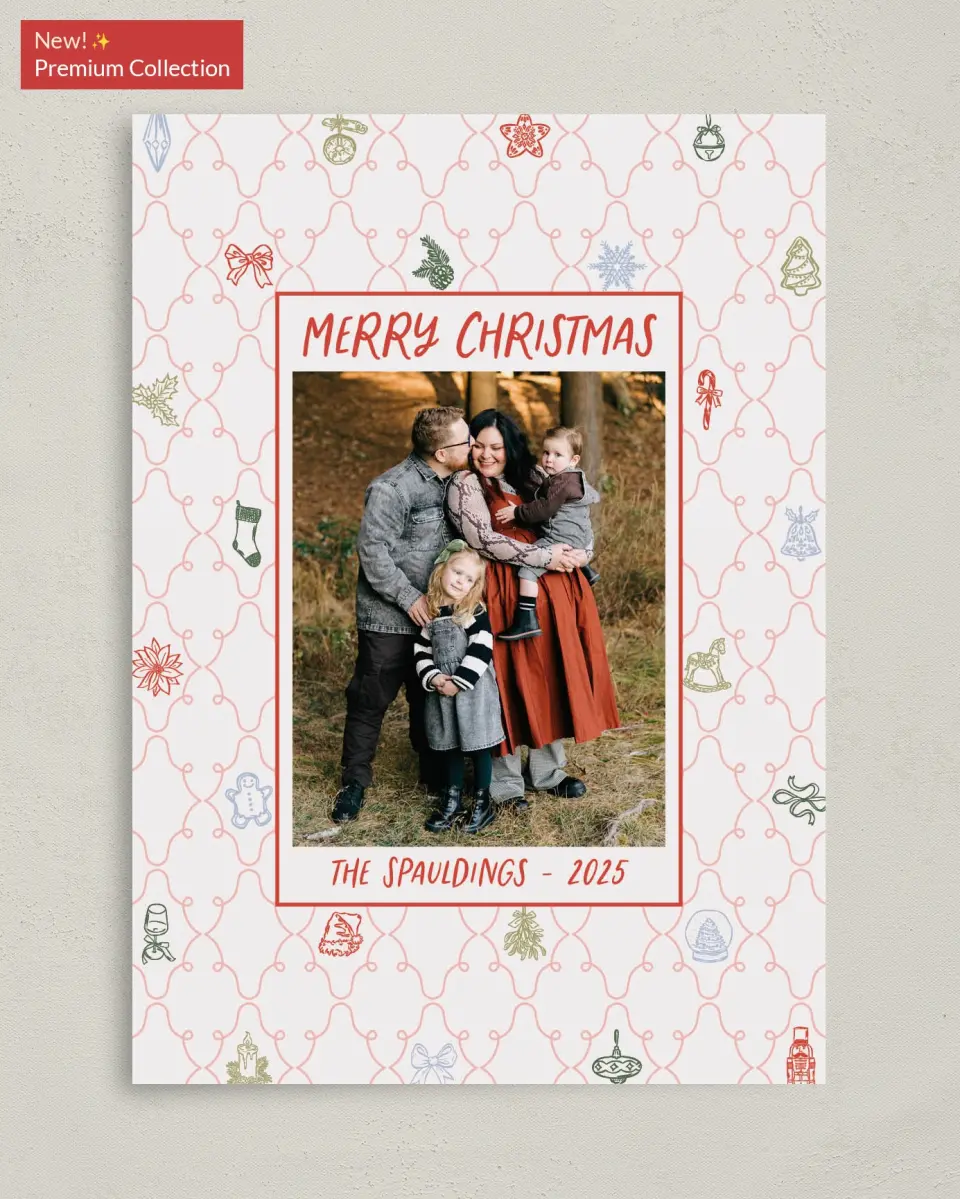 This is a 5" x 7" Christmas Card called Festive & Merry printed in full color with Gold foil on Premium Smooth paper