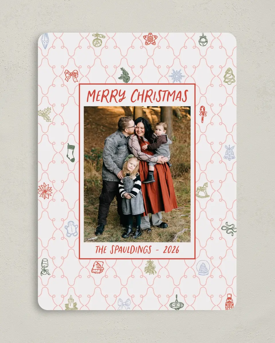 This is a 5" x 7" Christmas Card called Festive & Merry printed in full color with Gold foil on Premium Smooth paper