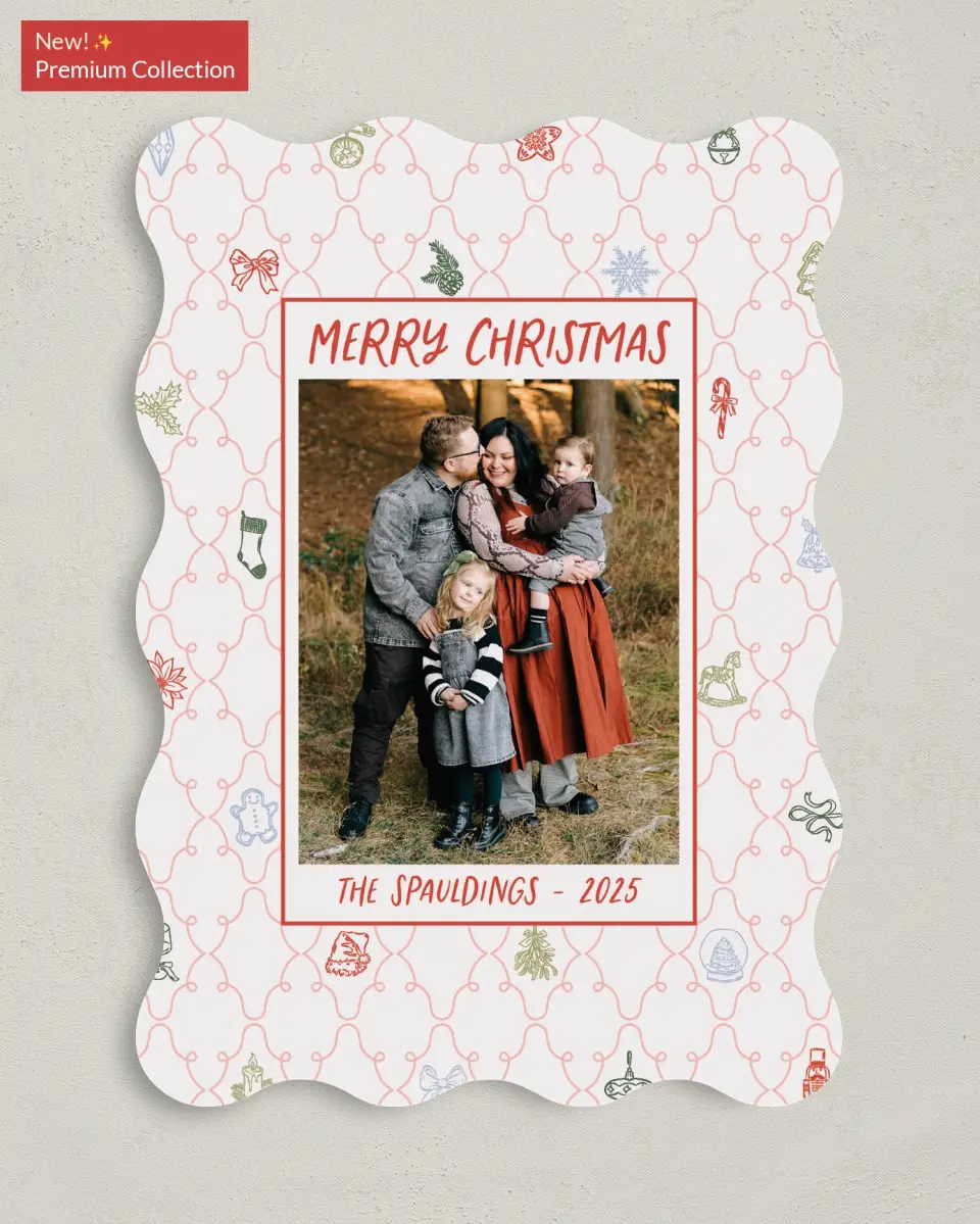 This is a 5" x 7" Christmas Card called Festive & Merry printed in full color with Gold foil on Soft Suede (coated) paper