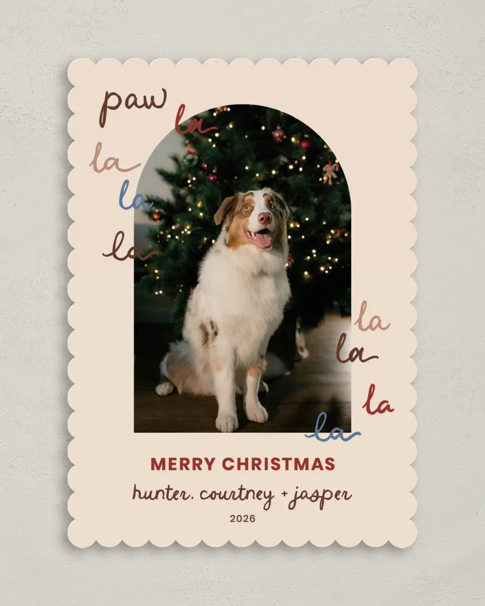 This is a 5" x 7" Christmas Card called Paw La La La La printed in full color on Premium Smooth paper on Premium Smooth paper on Premium Smooth paper