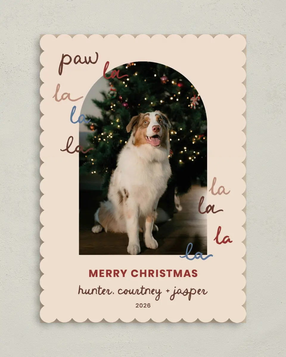 This is a 5" x 7" Christmas Card called Paw La La La La printed in full color on Premium Smooth paper on Premium Smooth paper on Premium Smooth paper