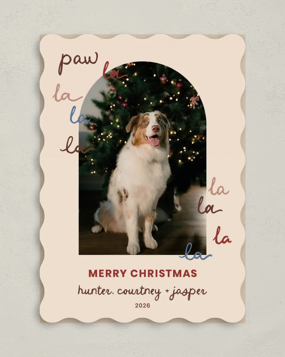 This is a 5" x 7" Christmas Card called Paw La La La La printed in full color on Premium Smooth paper