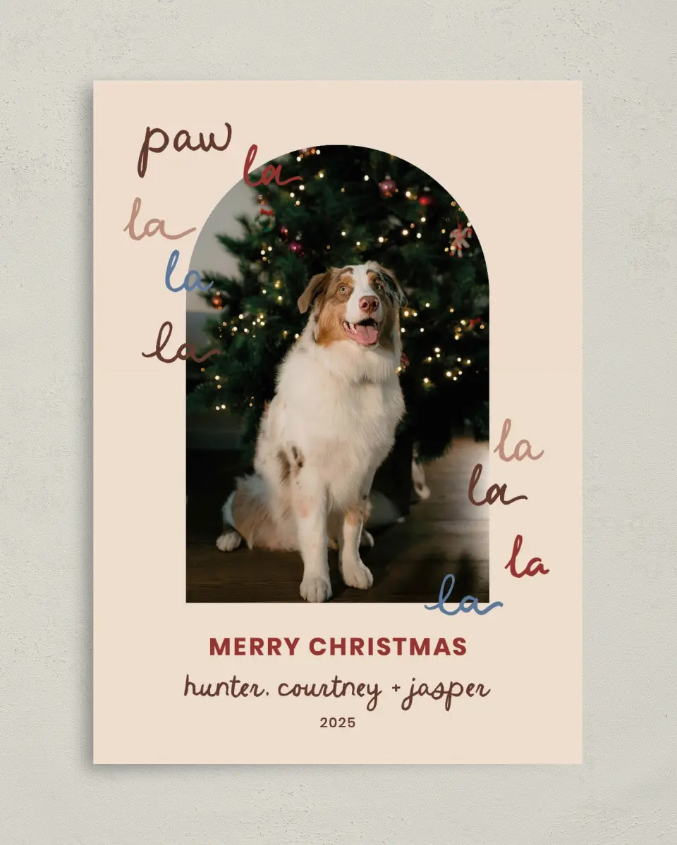 This is a 5" x 7" Christmas Card called Paw La La La La printed in full color on Premium Smooth paper