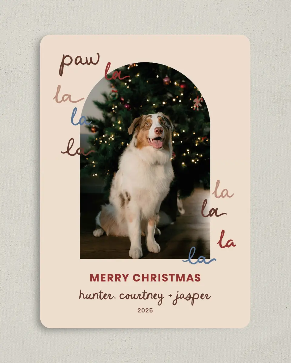 This is a 5" x 7" Christmas Card called Paw La La La La printed in full color on Premium Smooth paper