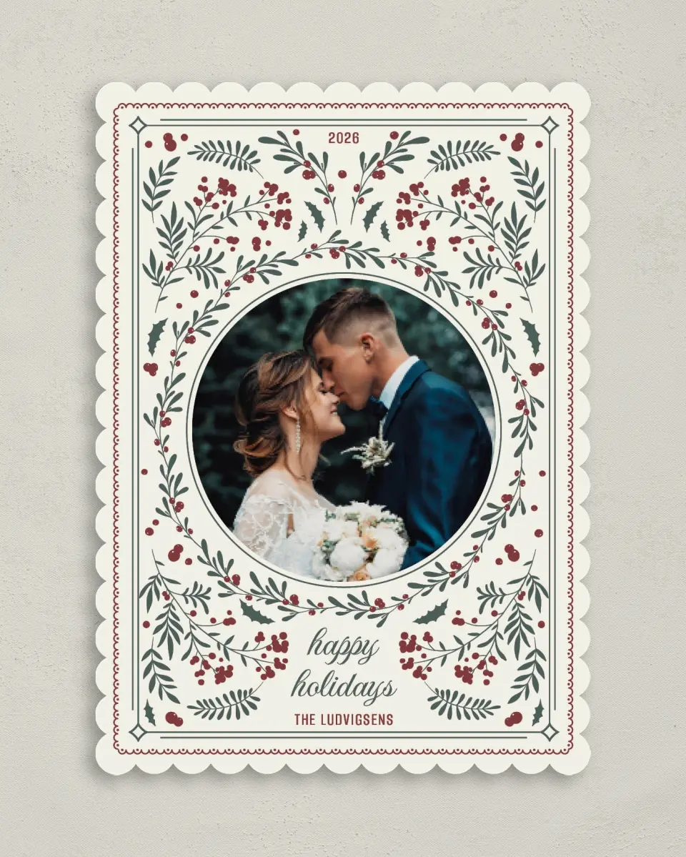 This is a 5" x 7" Christmas Card called Ditsy Greens & Berries printed in full color on Premium Smooth paper on Premium Smooth paper on Premium Smooth paper