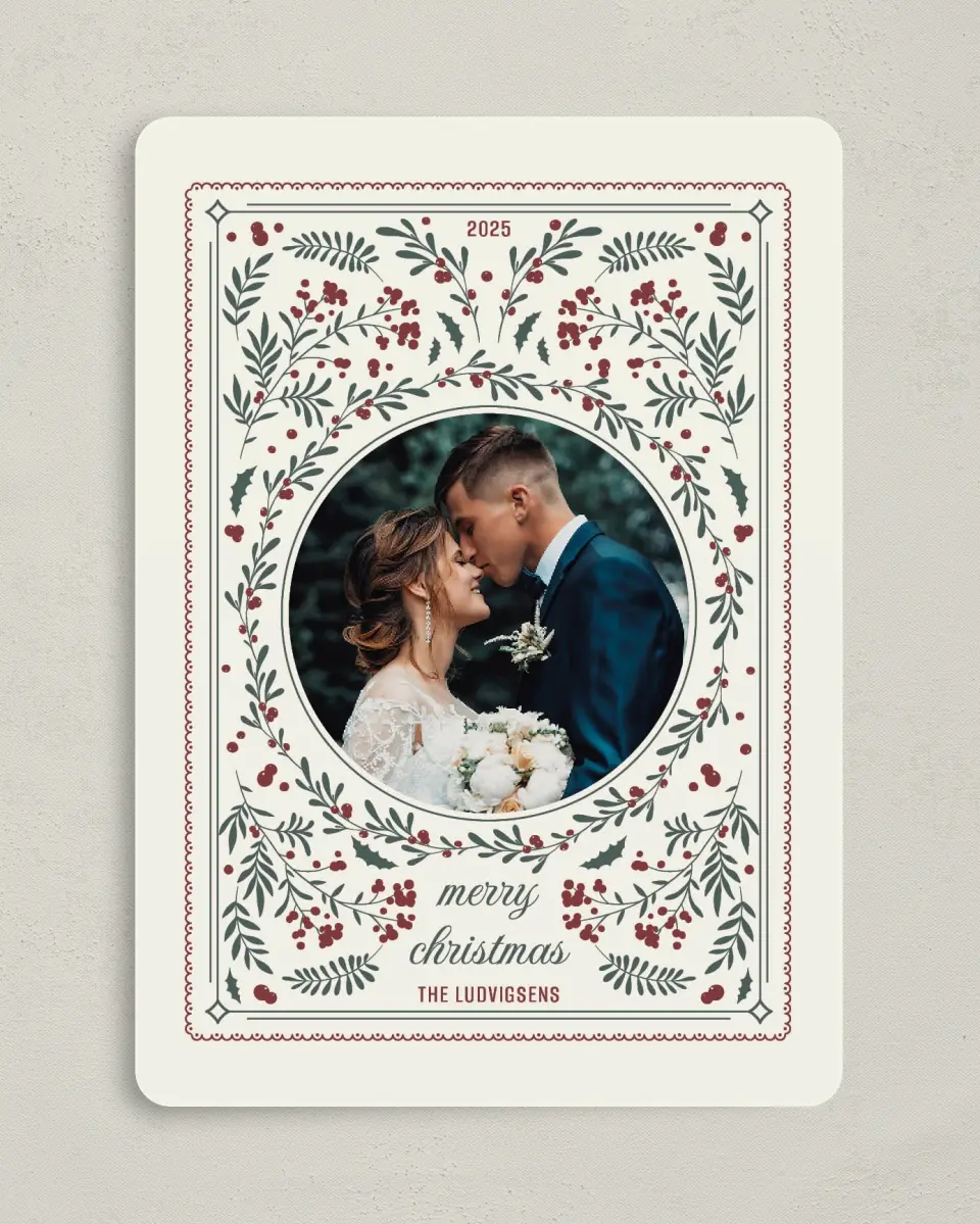 This is a 5" x 7" Christmas Card called Ditsy Greens & Berries printed in full color on Premium Smooth paper