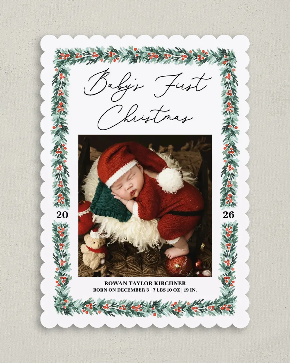 This is a 5" x 7" Christmas Card called Holiday Baby printed in full color with Gold foil on Premium Smooth paper on Premium Smooth paper on Premium Smooth paper