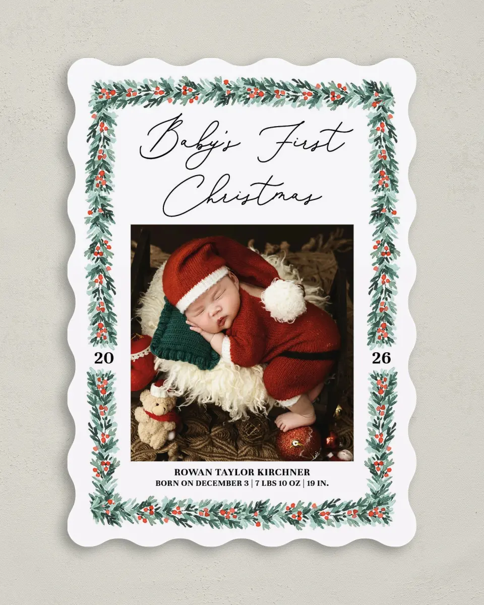 This is a 5" x 7" Christmas Card called Holiday Baby printed in full color with Gold foil on Premium Smooth paper