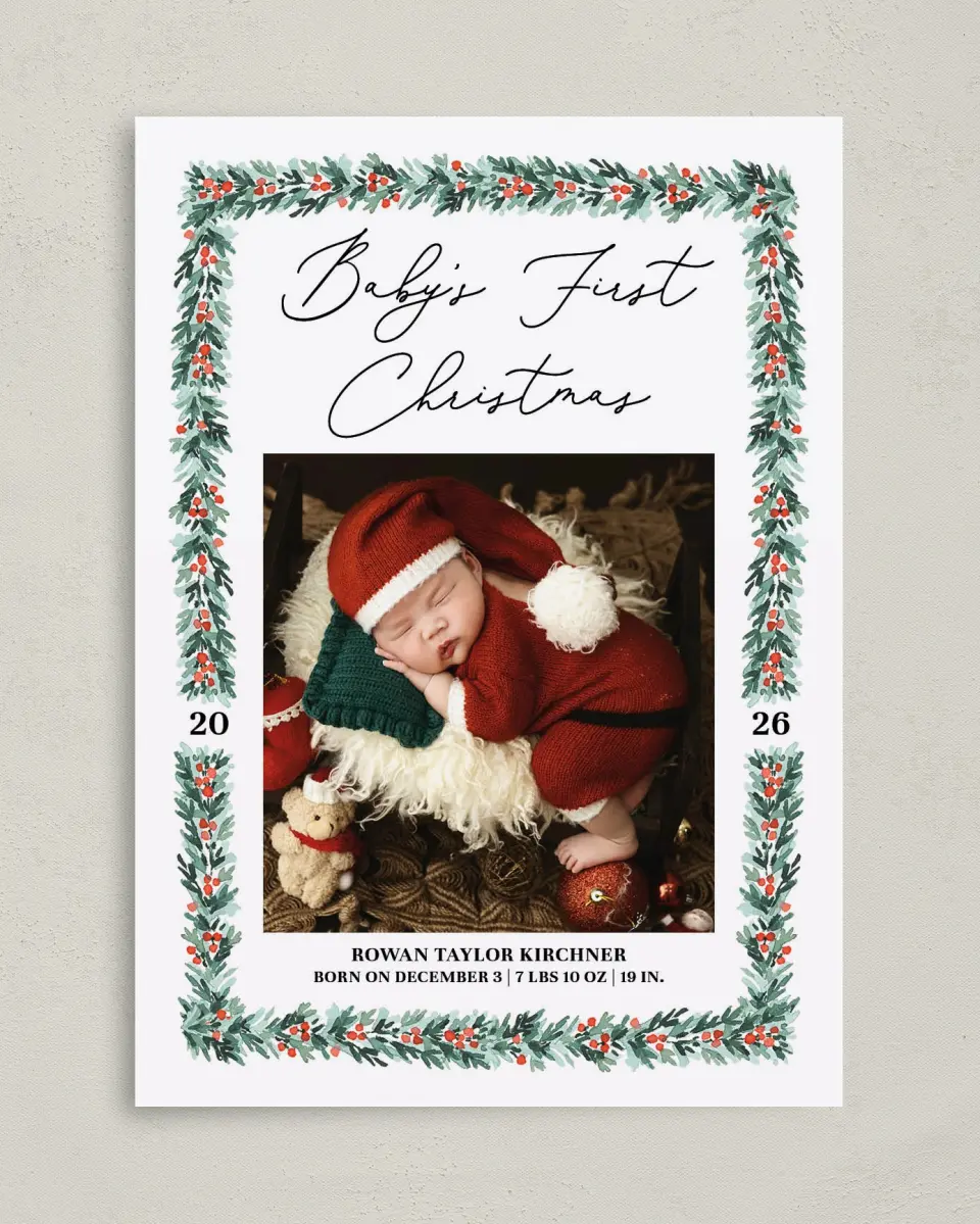 This is a 5" x 7" Christmas Card called Holiday Baby printed in full color with Gold foil on Premium Smooth paper