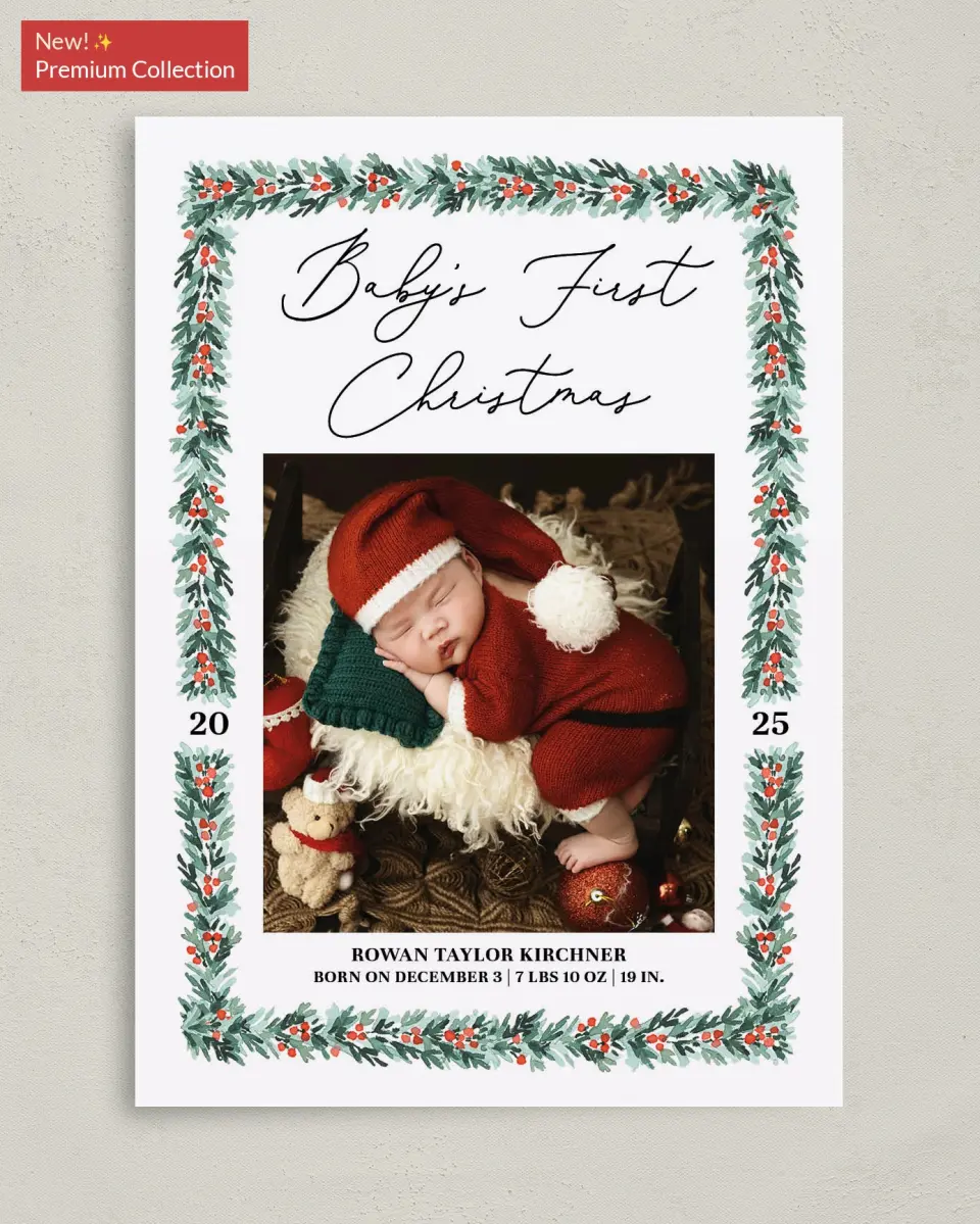 This is a 5" x 7" Christmas Card called Holiday Baby printed in full color with Gold foil on Premium Smooth paper